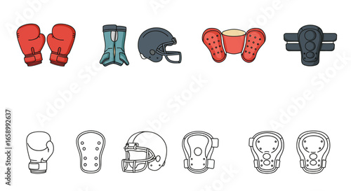 Colorful and outlined icons of various protective sports gear.