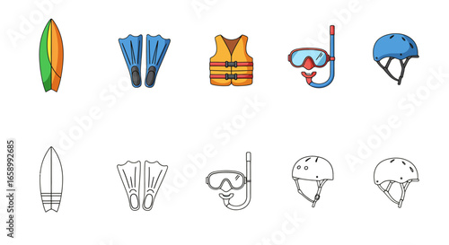 A set of water sports and safety gear icons, including a surfboard, flippers, life vest, snorkel, and helmet, in color and outline styles.