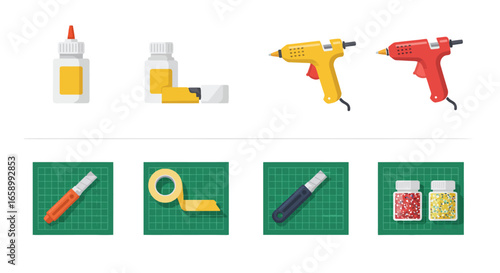 A collection of crafting and adhesive supplies, including glue bottles, hot glue guns, craft knives, tape, and glue sticks, arranged in a grid for visual presentation.