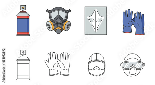 A collection of icons depicting safety equipment and spray paint cans, including respirators, gloves, goggles, and stencils, presented in a clean, illustrative style.