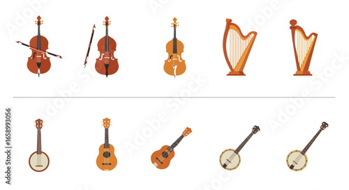Collection of stringed musical instruments, including cellos, harps, ukuleles, and banjos, illustrated in a simple, flat style.