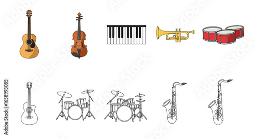 A collection of various musical instruments illustrated in both full color cartoon and black and white outline styles.