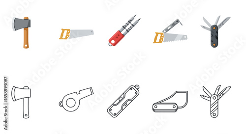 A collection of survival and camping tool icons, including an axe, saw, and multi-tool, shown in both color and outline styles.