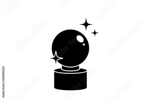 A black silhouette of a crystal ball on a stand with sparkling stars around it.