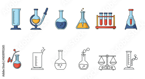 Illustration of various laboratory glassware and equipment, including beakers, flasks, test tubes, and a balance scale, filled with colorful liquids.