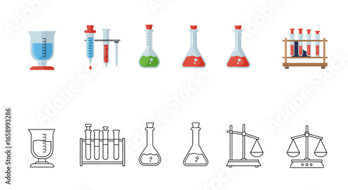Scientific laboratory glassware and equipment arranged in two rows, one in color and one in black and white outline style.