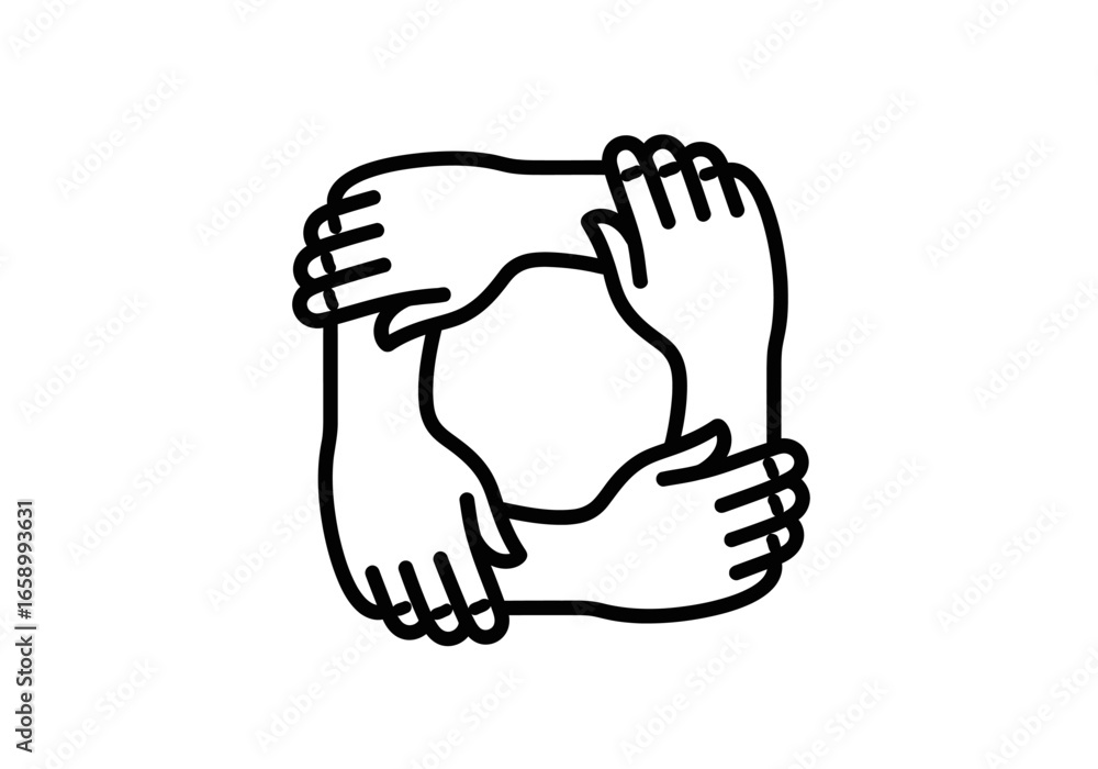 Obraz premium Four hands interlocked in a square shape, representing teamwork and unity.