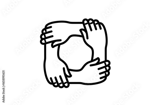 Four hands interlocked in a square shape, representing teamwork and unity.