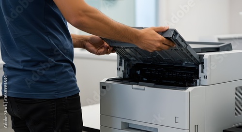 Man's Hands Opening Top Cover of Modern Office Multifunction Printer or Copier for Maintenance and Troubleshooting
