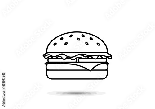 Burger icon, simple outline drawing of a hamburger with cheese and sesame seeds.
