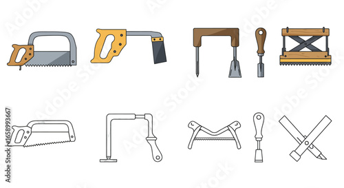 An illustration set of various hand tools for carpentry, including saws, clamps, and chisels, in color and outline versions.