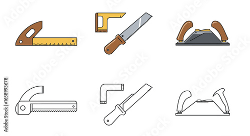 Collection of various woodworking tools, including saws, rulers, and planes, in a simple line art style.