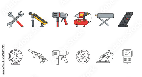 A collection of illustrated tools and equipment including wrenches, a bench, air compressor, solar panel, and other various mechanical devices.