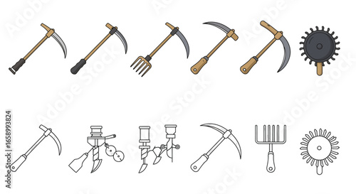 An arrangement of agricultural tools, including scythes, a pitchfork, and a gear, presented in both colored and outline versions.