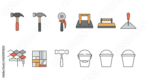 An illustration of various tiling tools, including hammers, tile cutters, grout floats, notched trowels, and buckets, arranged in two rows on a white background.
