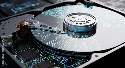 Naklejka Digital Data Flow within a Hard Disk Drive with Glowing Circuitry - Advanced Computing and Storage Technology Concept