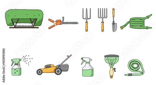 Gardening tools and equipment icons: lawnmower, shears, hose, sprinkler, hedge trimmer.