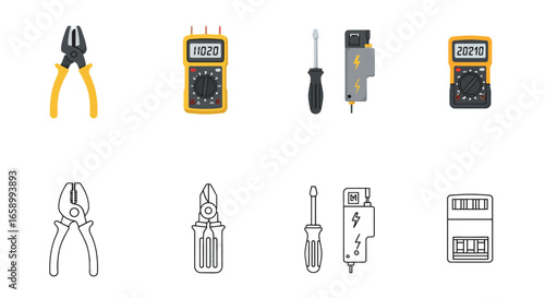 Electrical tools and equipment icons: pliers, multimeter, screwdriver, circuit breaker, in color and outline styles.