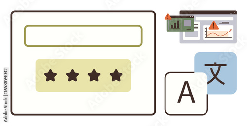 Star rating system, language translation icon, and alert over analytics graphs. Ideal for cybersecurity, multilingual tech, user feedback, analytics, data privacy, warnings simple flat metaphor