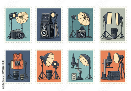 A collection of eight vintage-style postage stamps, each depicting different photography equipment like cameras, lighting, and darkroom tools.
