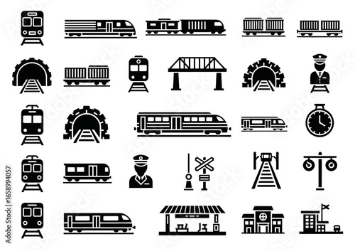 Collection of various train and railway transportation related icons in black and white.