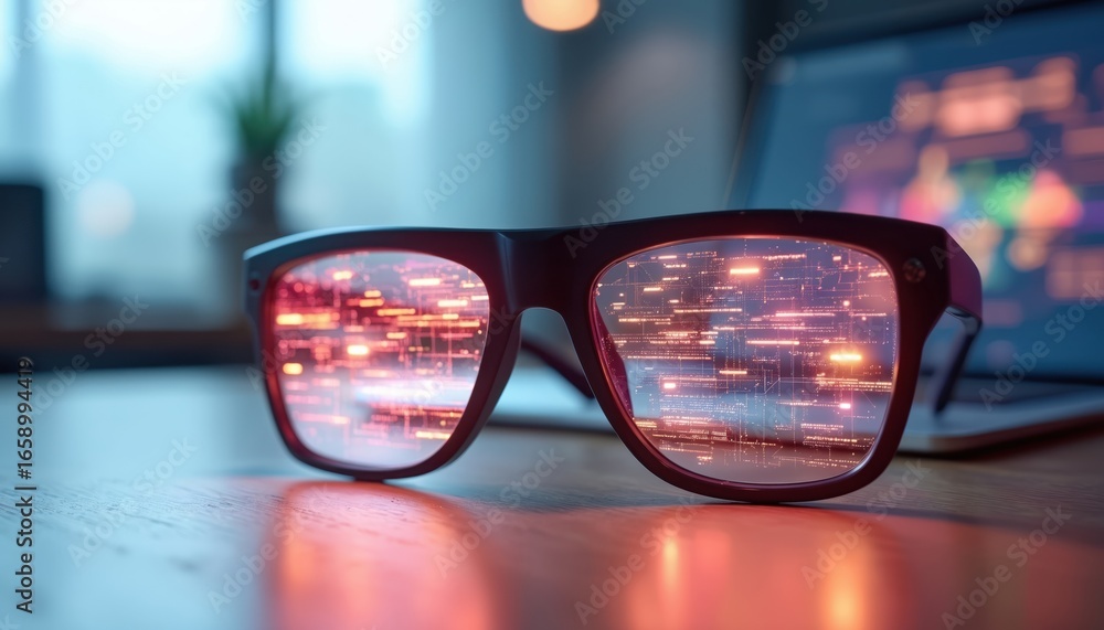 Smart glasses display holographic data, projecting virtual workspace for remote collaboration. Futuristic technology signifies innovation and digital connectivity in modern business. Smart glasses display holographic data, projecting virtual workspace for remote collaboration. Futuristic technology signifies innovation and digital connectivity in modern business.