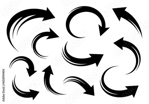 A collection of various black curved arrows with dynamic motion lines, pointing in different directions.