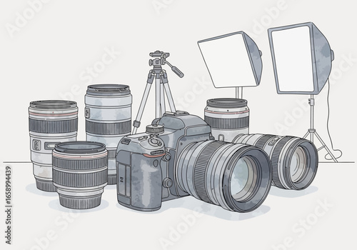 Photography equipment setup with camera, lenses, tripod, and lighting.