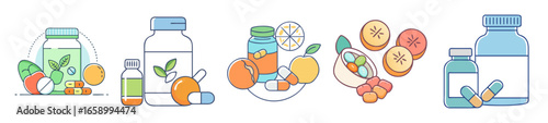 Illustrative Depiction of Vitamins, Supplements, and Healthy Foods for Wellness