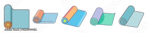 Group of five colorful rolled yoga or exercise mats cartoon illustration