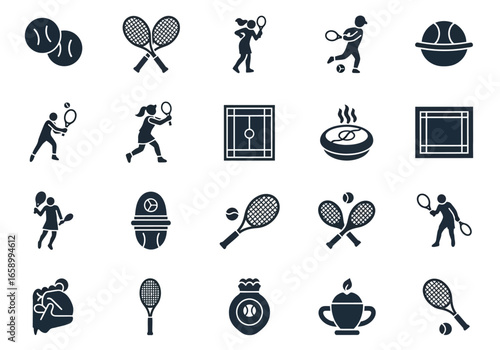 Collection of tennis related icons and symbols in black and white.