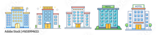 Hotel buildings vector illustration of various designs, styles and colors