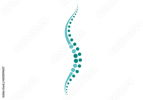 A modern, minimalist graphic of the human spinal column, depicted with a series of teal dots.