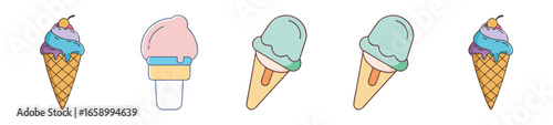 Colorful assortment of ice cream cones and cups with different flavors