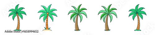 Five Cartoon Tropical Palm Trees Representing a Summer Vacation Mood
