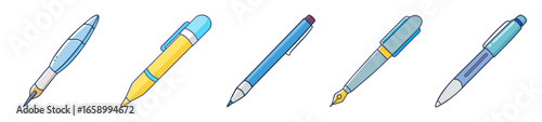 Colorful Illustration of Five Different Styles of Writing Pens on White Background