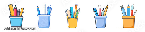 Collection of Colorful Office and School Stationery Supply in Desk Organizers