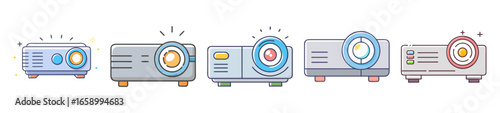 Five cartoon style projectors with different colors, designs, and features