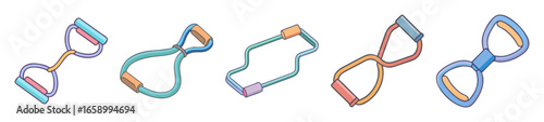 Cartoon Illustration of a Set of Exercise Bands in Various Colors and Shapes