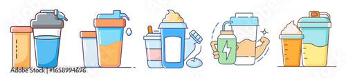 Various protein powder and preworkout containers and shaker cups for fitness nutrition