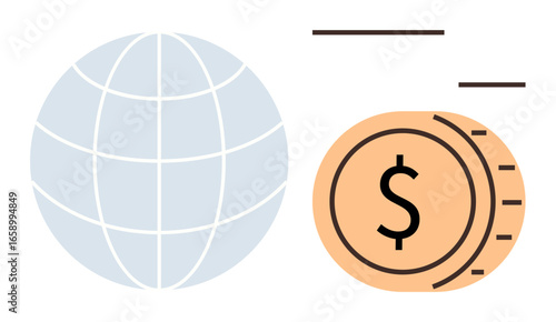 Φωτογραφία Globe with longitude-latitude lines and a dollar coin imply global commerce, financial systems, online transactions, or digital economy