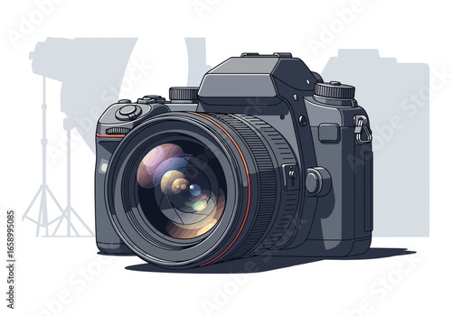 Detailed illustration of a modern digital single-lens reflex camera with a large lens, set against a subtle studio background.