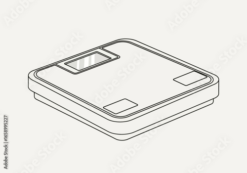 A minimalist line drawing of a modern digital bathroom scale on a plain background.