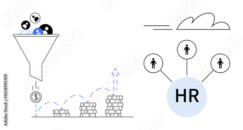Funnel transforms candidates into financial value, stacks of coins grow. HR connects to profiles. Ideal for recruitment, talent management, business growth, investment, hiring process, workforce