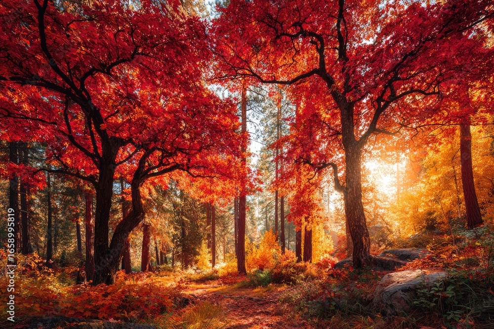 Fototapeta premium Autumn forest bathed in golden light