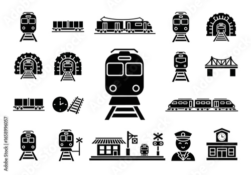 Collection of various train-related icons, including locomotives, stations, and tracks.
