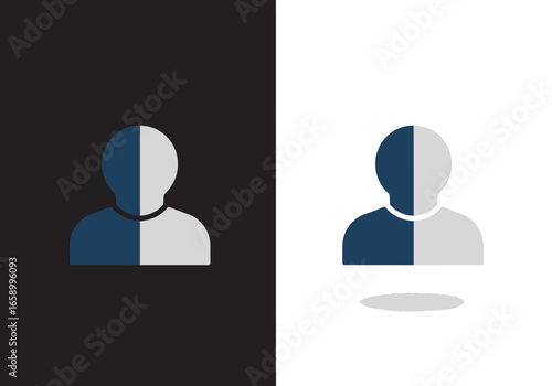 A minimalist split-color person icon shown on both black and white backgrounds, representing duality or identity.