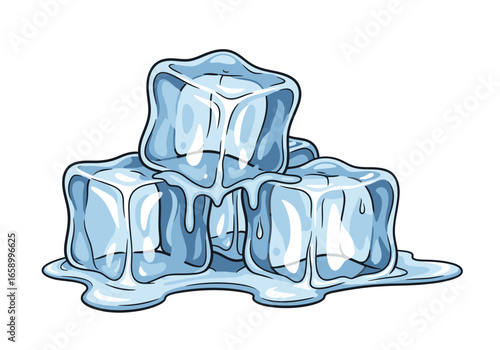Illustration of several translucent blue ice cubes melting into a small puddle of water on a white background.