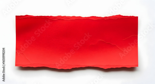 Captivating crimson paper fragment with meticulously lacerated edges against a pure white expanse presents a versatile design resource, fostering creativity and minimalist aesthetics enhancing