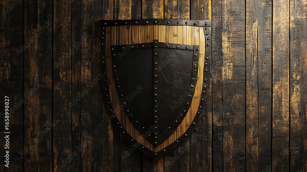 Fototapeta premium Medieval shield on a wooden backdrop evoking ancient tales and brave knights protection and history